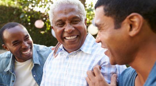 Grandfather, son and grandson talking in a garden